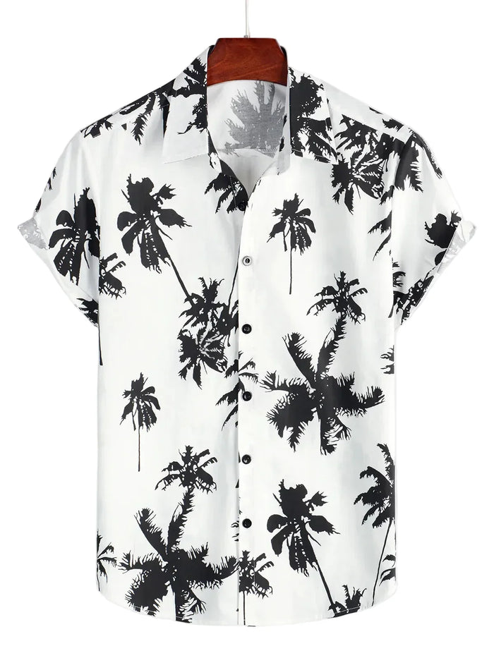 White Short Sleeve Summer Shirt in Hawaiian Style with Tropical Pattern for Men