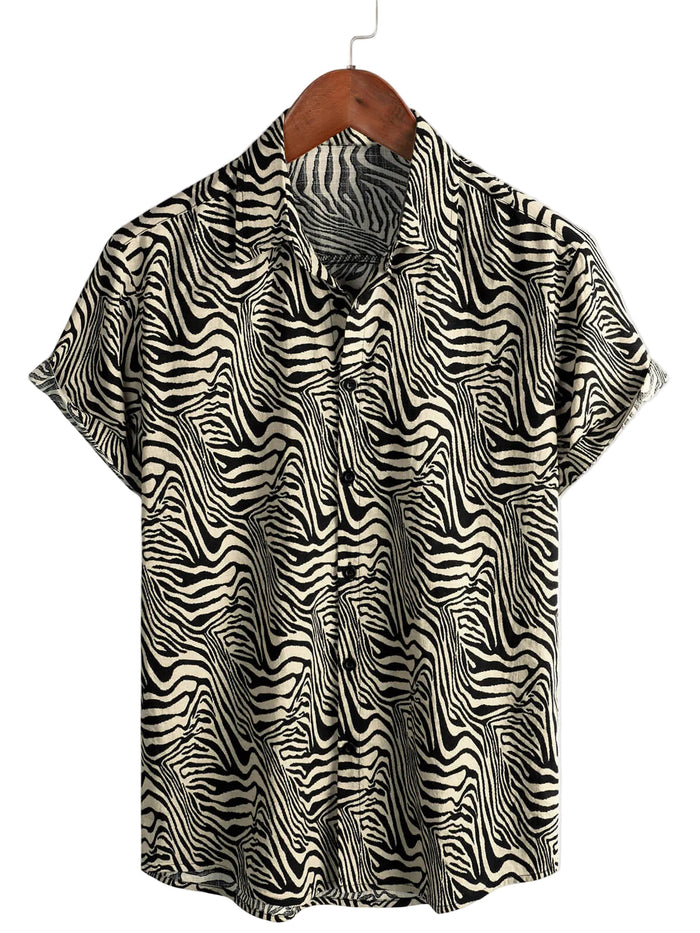 Summer Men's Vintage Tiger Pattern Shirt, Light for Beach Holidays, Short Sleeves and Buttons