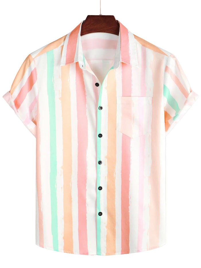 Men's Summer Cotton Shirt in Pink-White Vertical Stripes with Buttons and Pocket, Short Sleeve