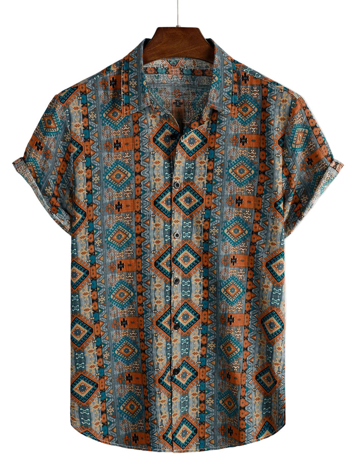 Men's 1970s Cotton Short-Sleeve Shirt with Buttons and Aztec Pattern