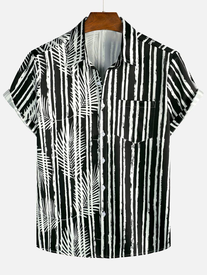 Black Hawaiian Short Sleeve Shirt with Pocket and Tropical Plant Print
