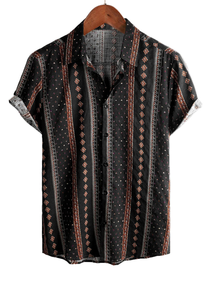 Men's 1970s Western-Style Cotton Short-Sleeve Shirt with Black Stripe