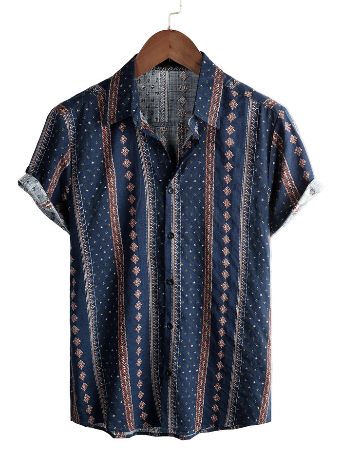 Men's 1970s Retro Vintage Cotton Short-Sleeve Shirt with Buttons, Stripes, Navy
