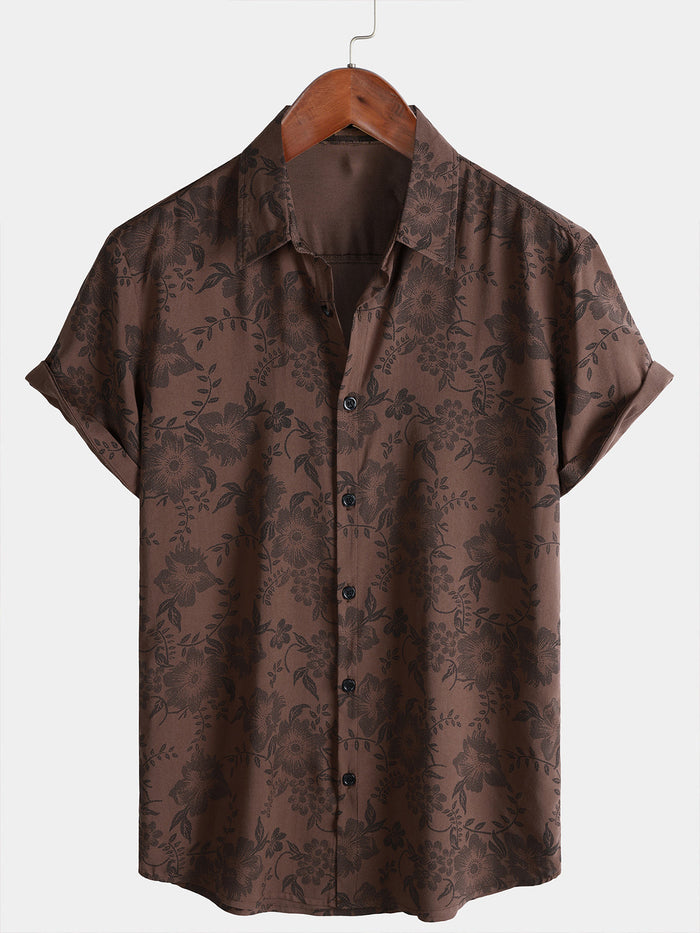 Brown Floral Retro Vacation Short-Sleeve Shirt