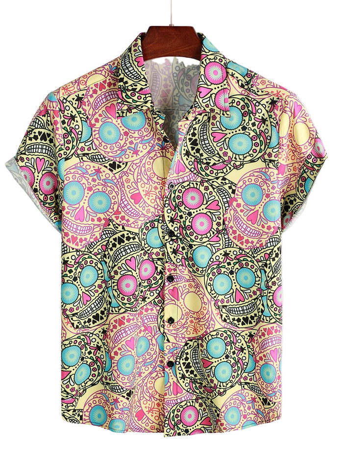 Men's Cotton Short-Sleeve Shirt with Pink Skull