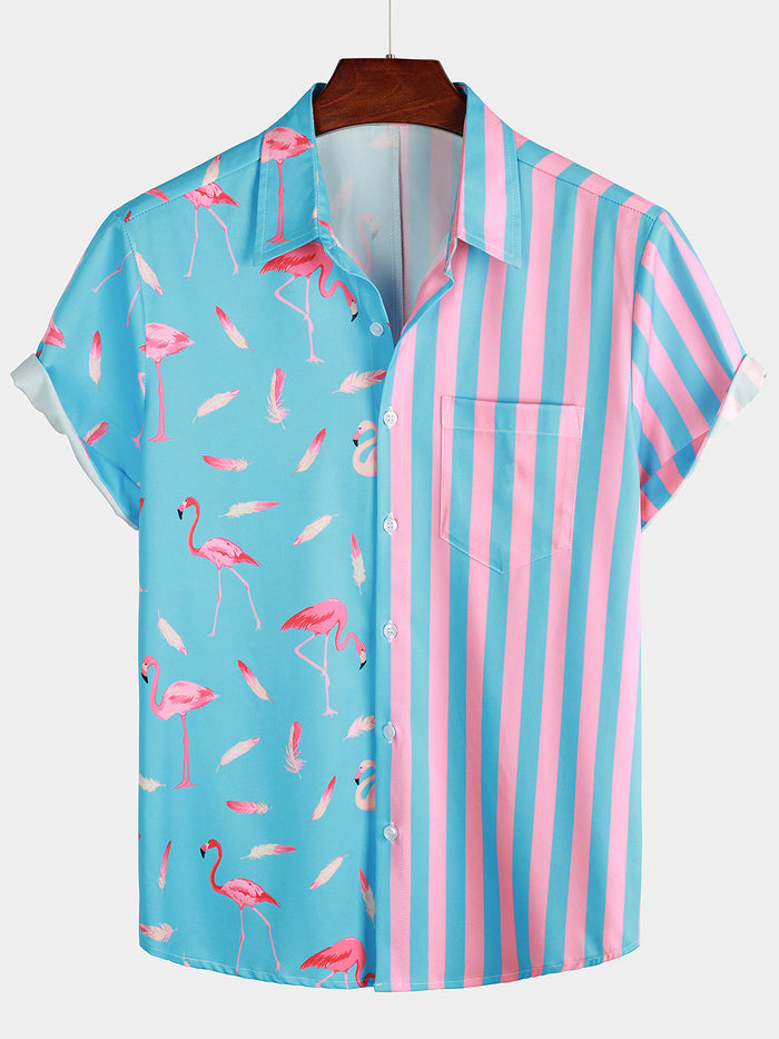 Striped Short-Sleeve Summer Shirt with Pockets and Pink Flamingo Pattern