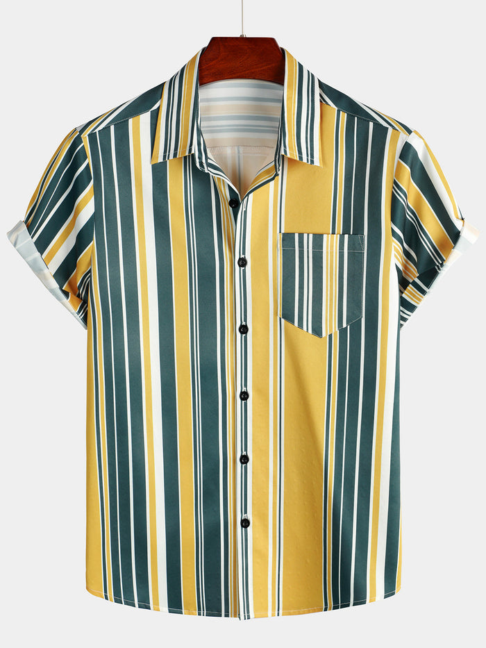 Casual Button-Up Retro Shirt, Short Sleeves, Yellow and Green, Vertical Stripe Pocket