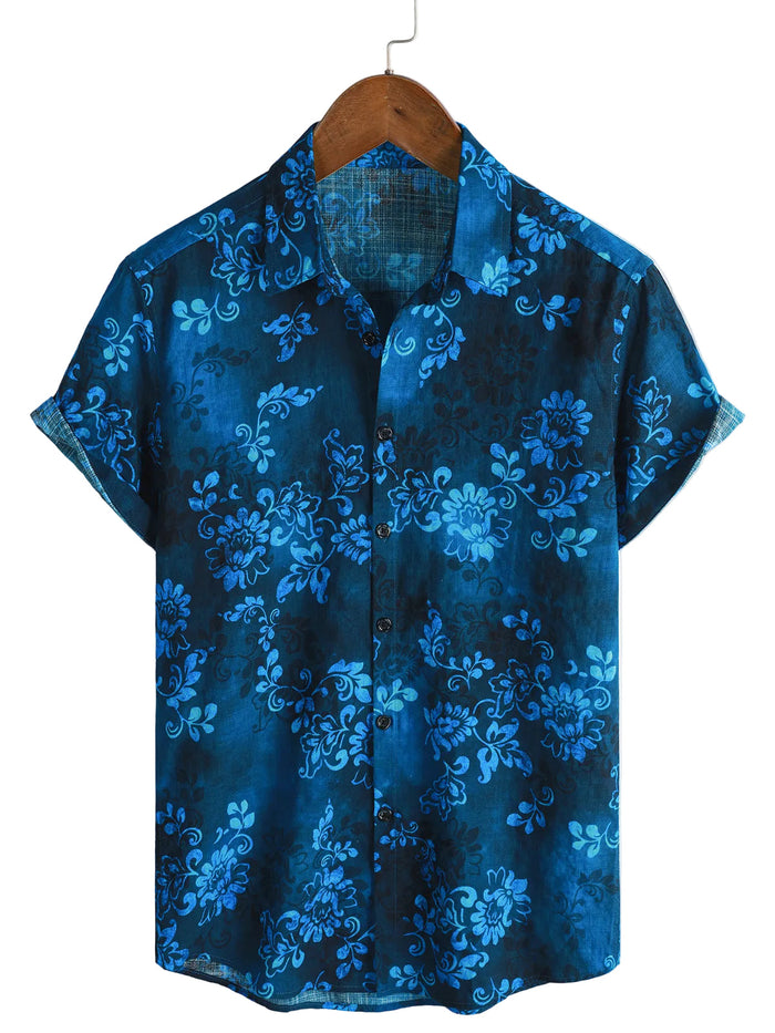 Men's Blue Hawaiian Floral Cotton Short-Sleeve Shirt