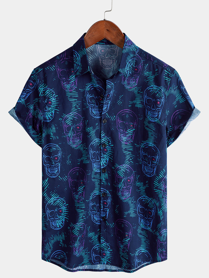 Blue Skull Punk Rock Hawaiian Short Sleeve Shirt