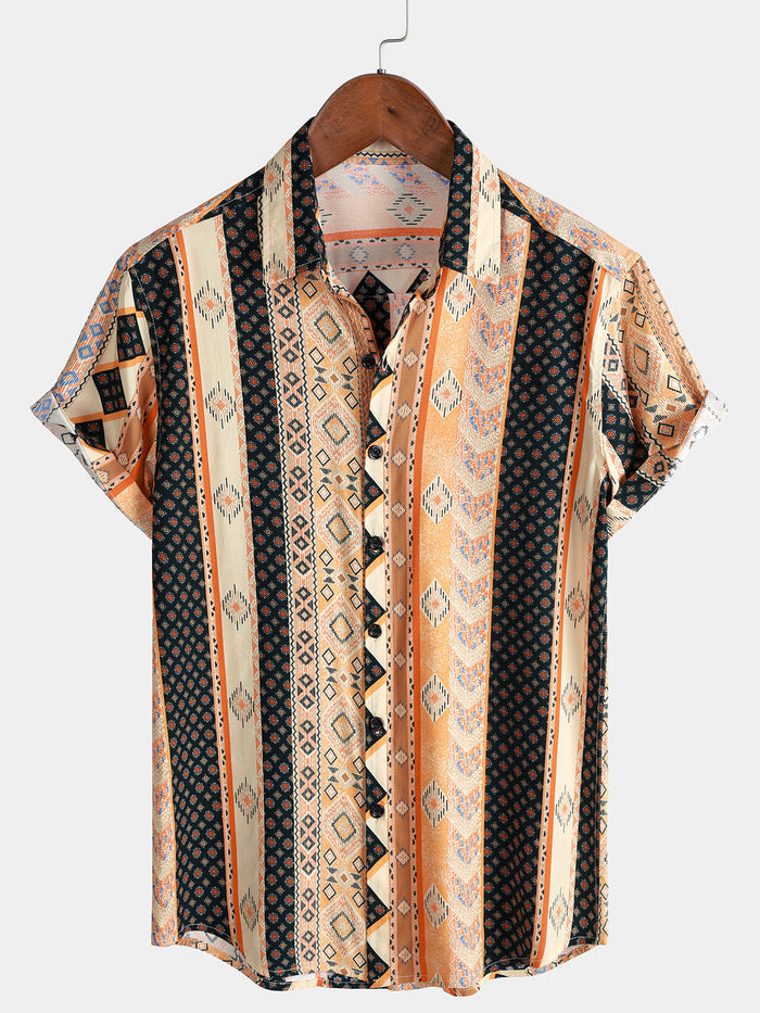 Vintage Bohemian Stripe Short Sleeve Shirt