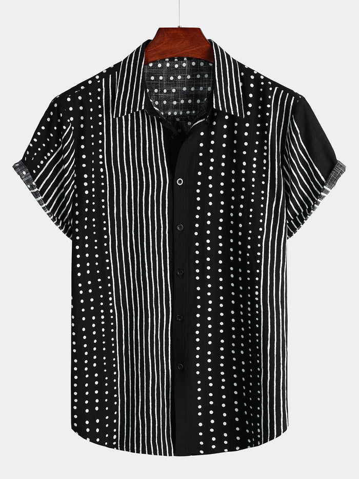 Black Button-Up Short Sleeve Retro Shirt with Stripes and Dots