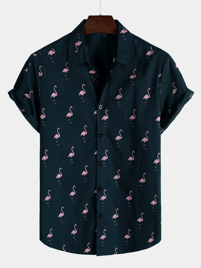 Casual Short-Sleeve Hawaiian Shirt with Pink Flamingo Pattern