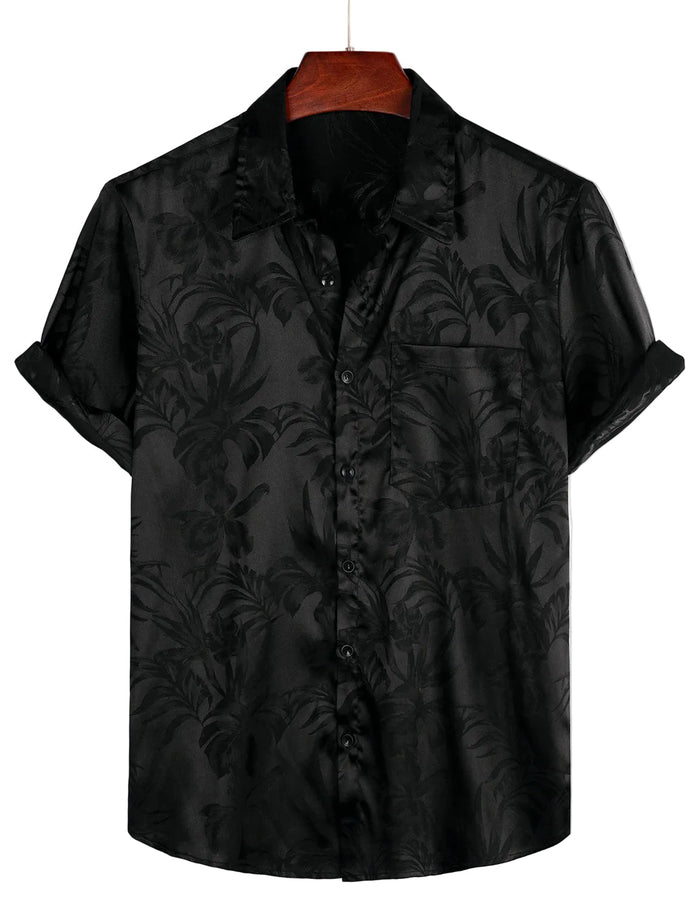 Men's Short Cotton Shirt with Flowers and Buttons, Summer Jacquard
