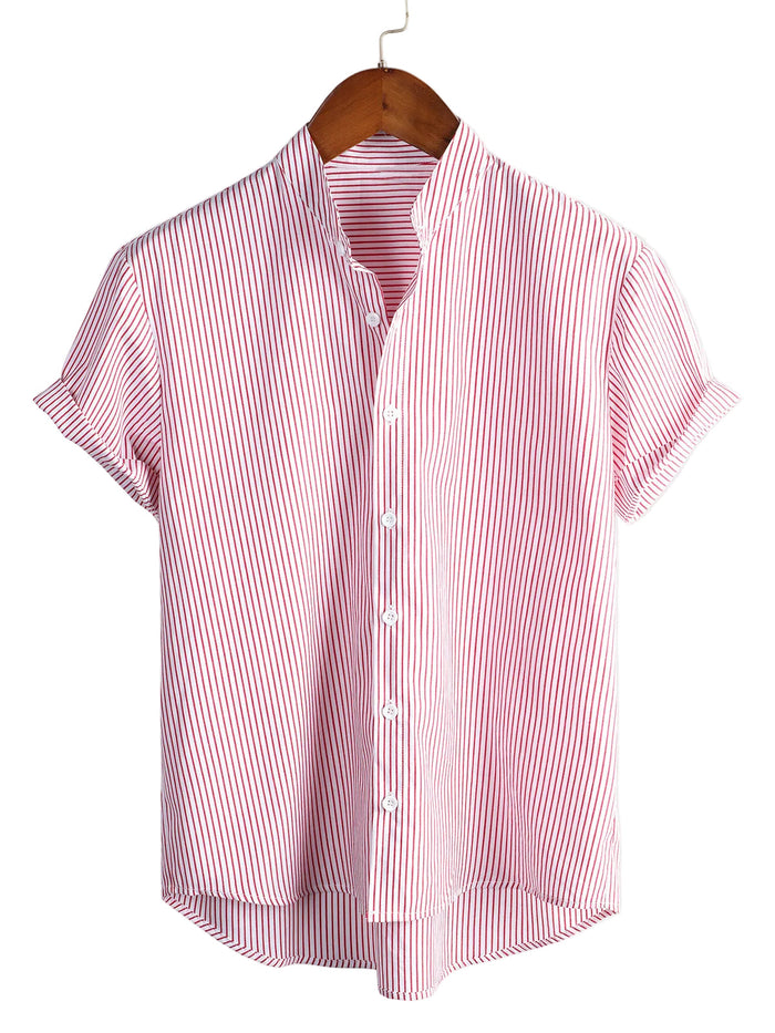 Men's Cotton Short-Sleeve Shirt with High Collar