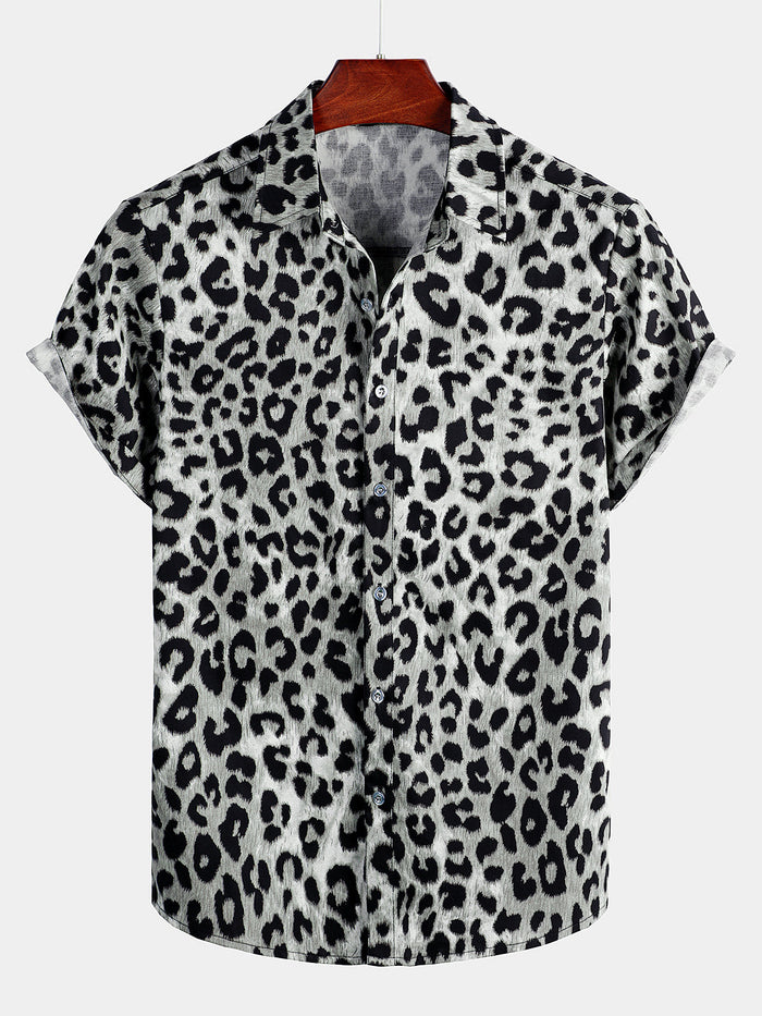 Casual Shirt, Short Sleeves, White Leopard Cheetah Rock Print