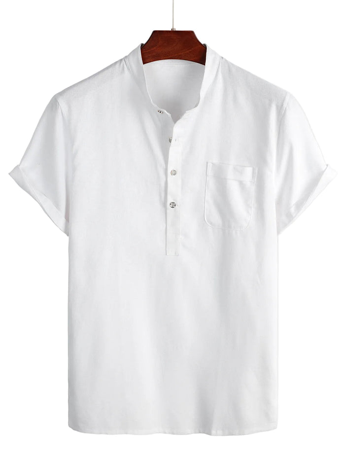 Men's Solid Color Cotton Shirt with High Collar and Half Button, with Front Pocket