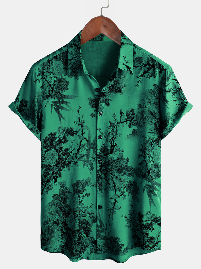 Button-Up Short Sleeve Shirt, Floral Print, Vintage Summer, Hawaiian, Vacation