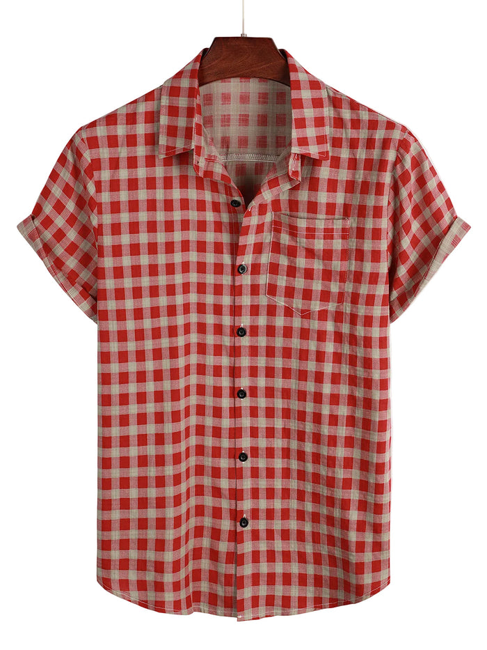 Men's Red Plaid Shirt with Short Sleeves and Pocket