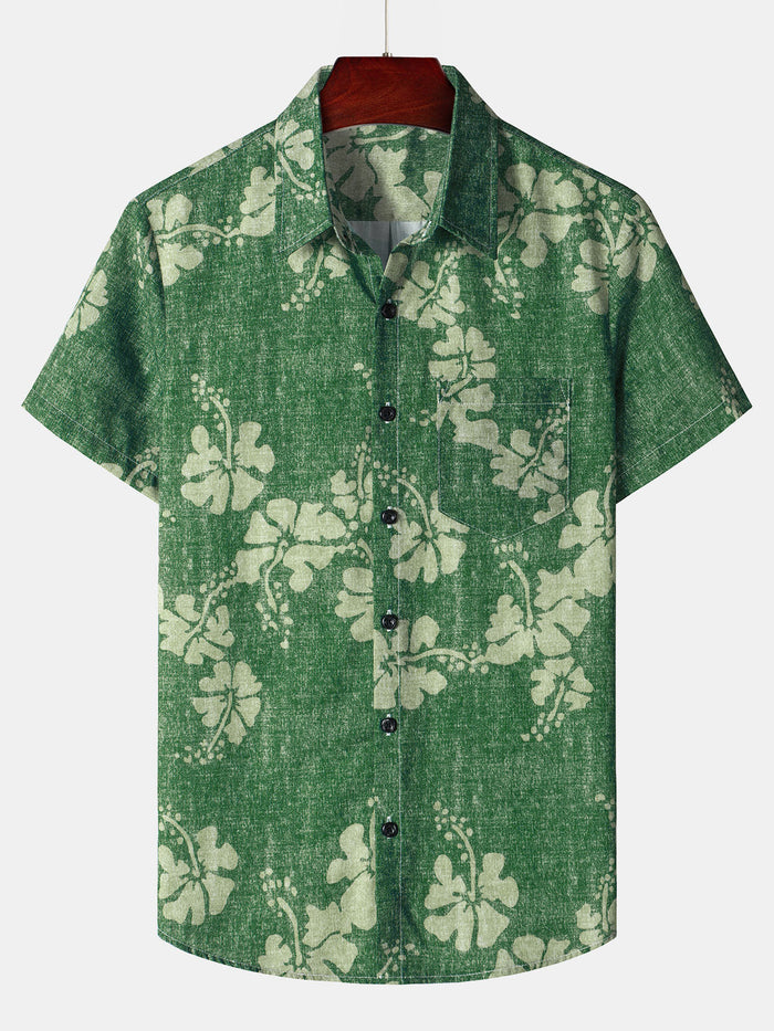 Green Button-Up Short Sleeve Shirt with Hawaiian Floral Pocket