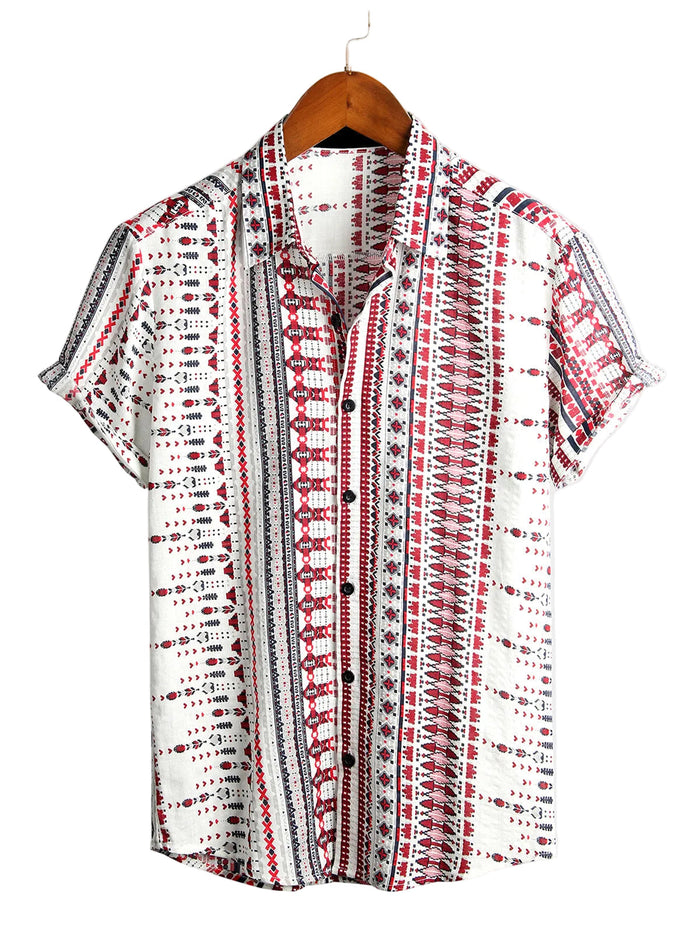 White and Red Striped Cotton Short Sleeve Beach Shirt for Men