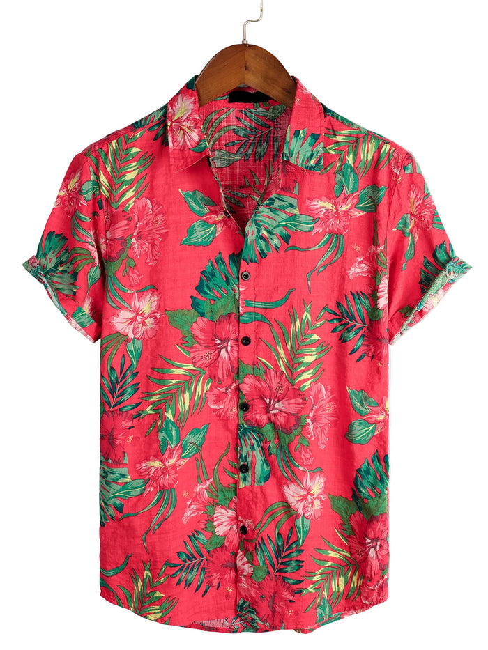 Men's Hawaiian-Style Cotton Short-Sleeve Shirt with Red Flowers