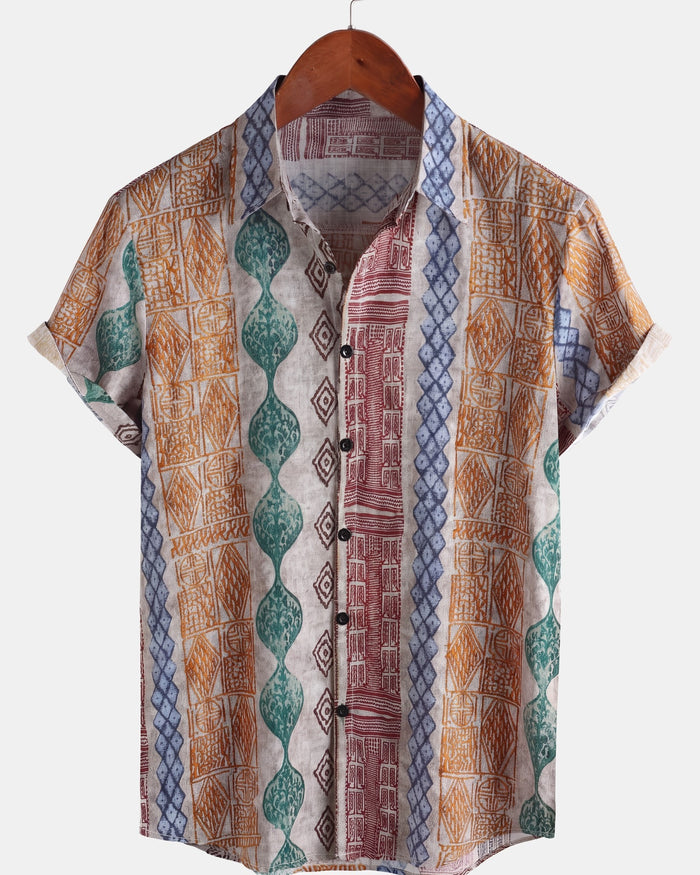 Button-Up Short Sleeve Shirt with Retro Striped Print