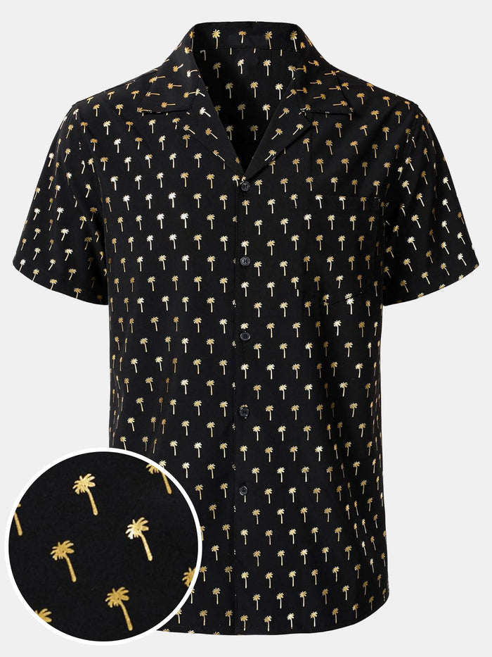 Short-Sleeve Cuban Collar Golden Palm Tree Shirt