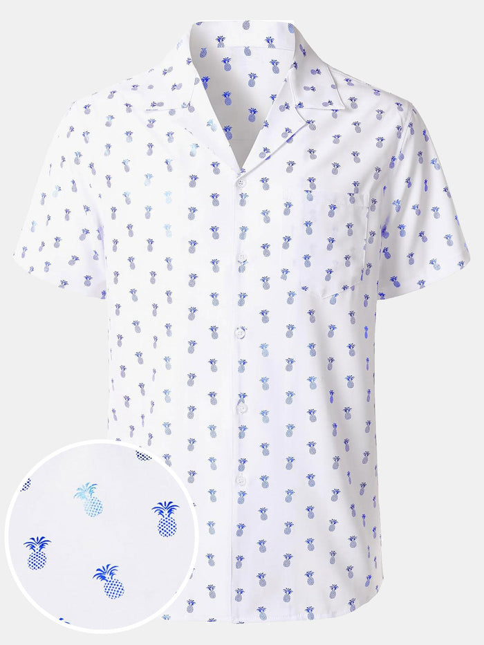 Short-Sleeve Cuban Collar Shirt with Blue Pineapple Print