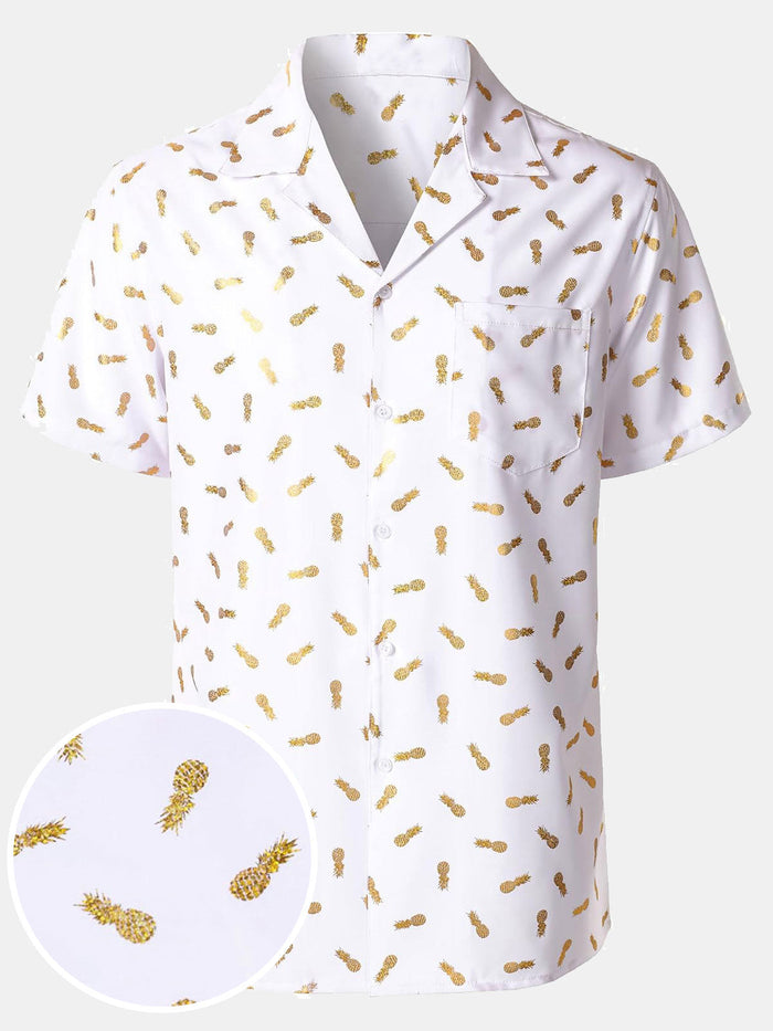Short-Sleeve Cuban Collar Shirt with Pineapple Print