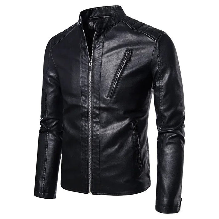 Elegant Leather Jacket with Stand Collar