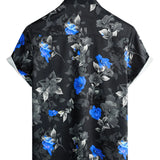 Men's Summer Cotton Shirt Blue with Flowers Short Sleeve with Buttons for Beach Vacation