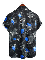 Men's Summer Cotton Shirt Blue with Flowers Short Sleeve with Buttons for Beach Vacation