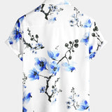 Casual Blue Floral Cherry Blossom Print Shirt, Short Sleeves