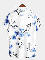 Casual Blue Floral Cherry Blossom Print Shirt, Short Sleeves
