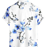 Summer Cotton Short Sleeve Blue Floral Pattern Shirt for Men
