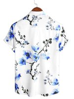 Summer Cotton Short Sleeve Blue Floral Pattern Shirt for Men