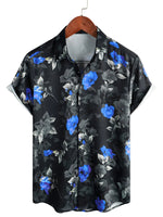 Men's Summer Cotton Shirt Blue with Flowers Short Sleeve with Buttons for Beach Vacation