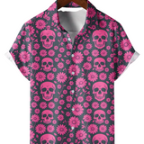 Men's Cotton Shirt for Summer with Pink Skull and Daisy Pattern, Short Sleeve and Buttons for Vacation