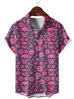 Men's Cotton Shirt for Summer with Pink Skull and Daisy Pattern, Short Sleeve and Buttons for Vacation