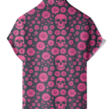 Men's Cotton Shirt for Summer with Pink Skull and Daisy Pattern, Short Sleeve and Buttons for Vacation