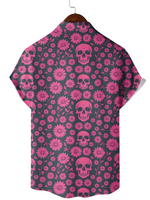 Men's Cotton Shirt for Summer with Pink Skull and Daisy Pattern, Short Sleeve and Buttons for Vacation
