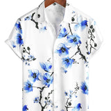 Summer Cotton Short Sleeve Blue Floral Pattern Shirt for Men