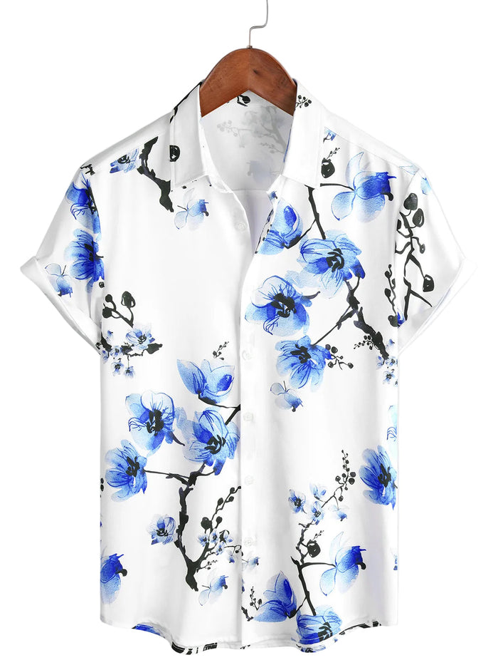 Summer Cotton Short Sleeve Blue Floral Pattern Shirt for Men