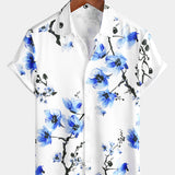 Casual Blue Floral Cherry Blossom Print Shirt, Short Sleeves