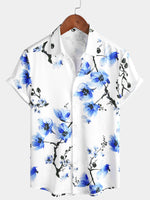 Casual Blue Floral Cherry Blossom Print Shirt, Short Sleeves