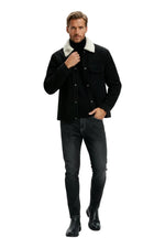 Men's Velvet Jacket with Sherpa Collar and Snaps - Black