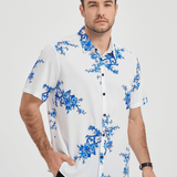 Blue Casual Button-Up Floral Print Shirt, Short Sleeves