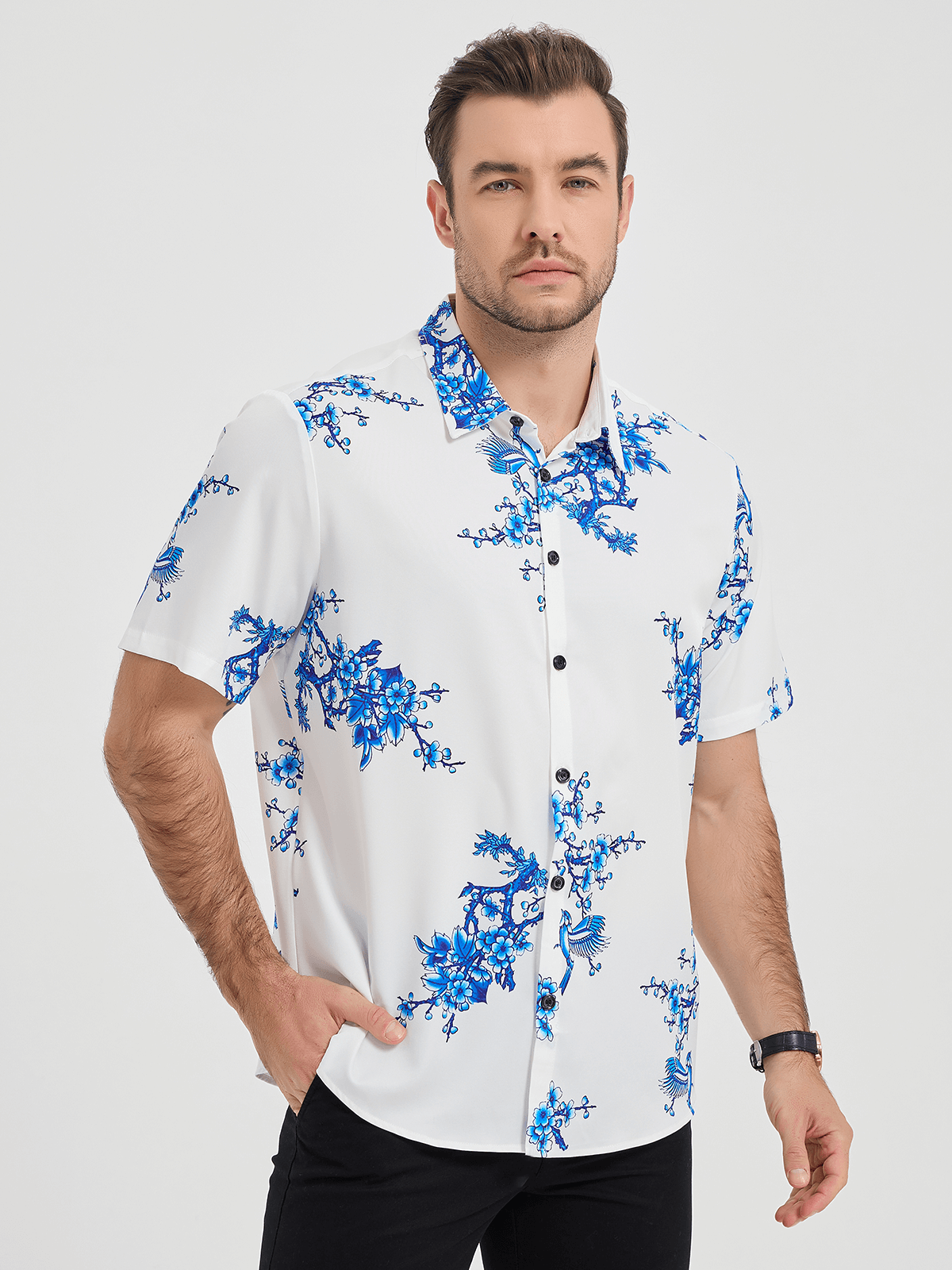 Blue Casual Button-Up Floral Print Shirt, Short Sleeves