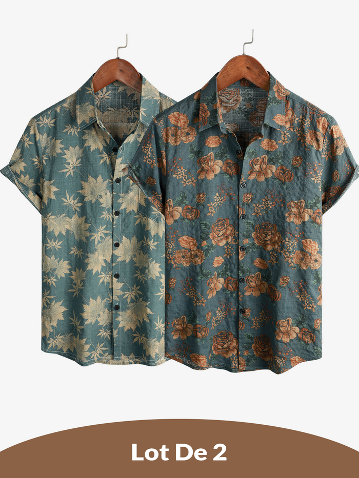 2-Pack | Vintage Blue Floral Short-Sleeve Retro Summer Vacation Shirt