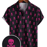 Summer Cotton Short Sleeve Shirt for Men with Pink Punk Rock Skull and Cool Pattern